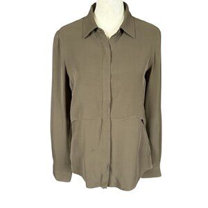 Theory silk olive green long sleeve collared button down sheer blouse women's S